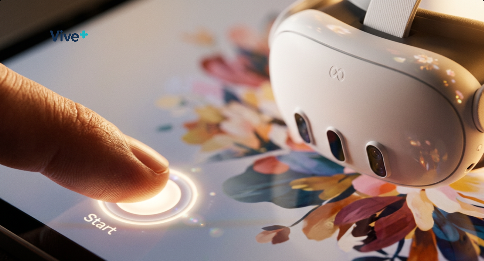 Plataforma de Vive+ en iPad y 2 gafas Meta Quest 3